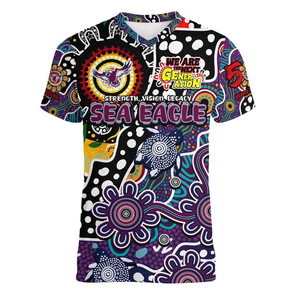 Personalised Sea Eagles NRL Celebrating 50 Years of Naidoc Women V-Neck T-Shirt NAIDOC Week 2025 Aboriginal