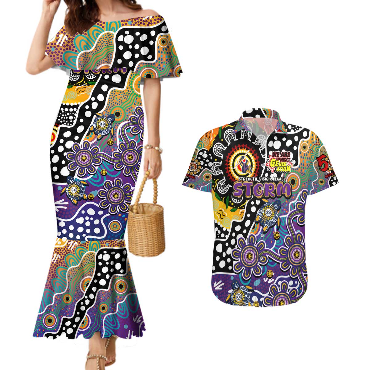 Personalised Storm NRL Celebrating 50 Years of Naidoc Couples Matching Mermaid Dress and Hawaiian Shirt NAIDOC Week 2025 Aboriginal