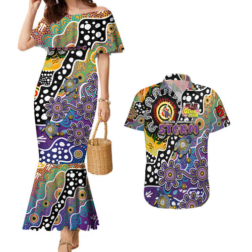 Personalised Storm NRL Celebrating 50 Years of Naidoc Couples Matching Mermaid Dress and Hawaiian Shirt NAIDOC Week 2025 Aboriginal
