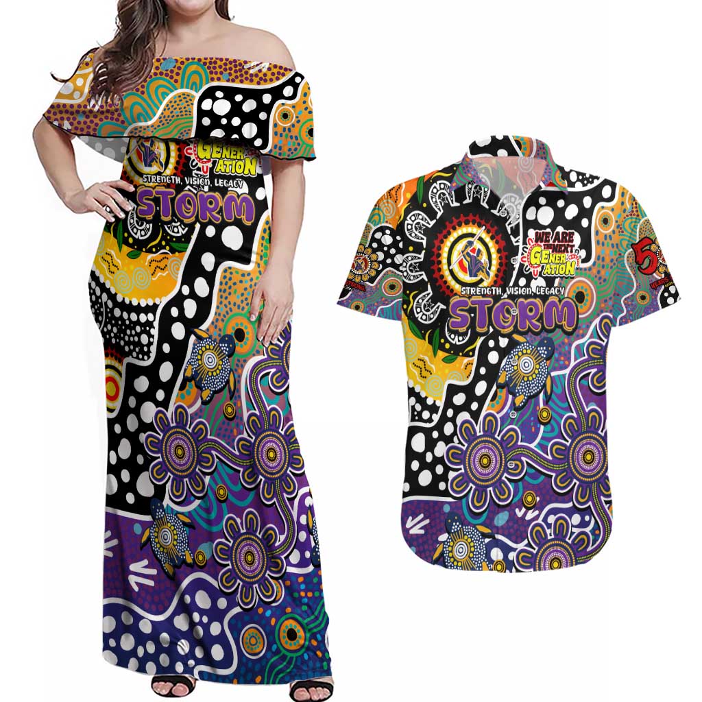 Personalised Storm NRL Celebrating 50 Years of Naidoc Couples Matching Off Shoulder Maxi Dress and Hawaiian Shirt NAIDOC Week 2025 Aboriginal