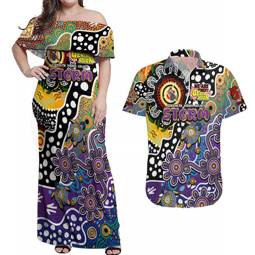 Personalised Storm NRL Celebrating 50 Years of Naidoc Couples Matching Off Shoulder Maxi Dress and Hawaiian Shirt NAIDOC Week 2025 Aboriginal