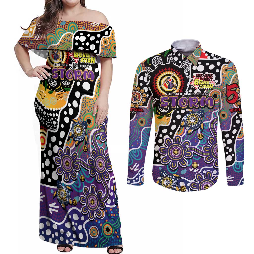 Personalised Storm NRL Celebrating 50 Years of Naidoc Couples Matching Off Shoulder Maxi Dress and Long Sleeve Button Shirt NAIDOC Week 2025 Aboriginal