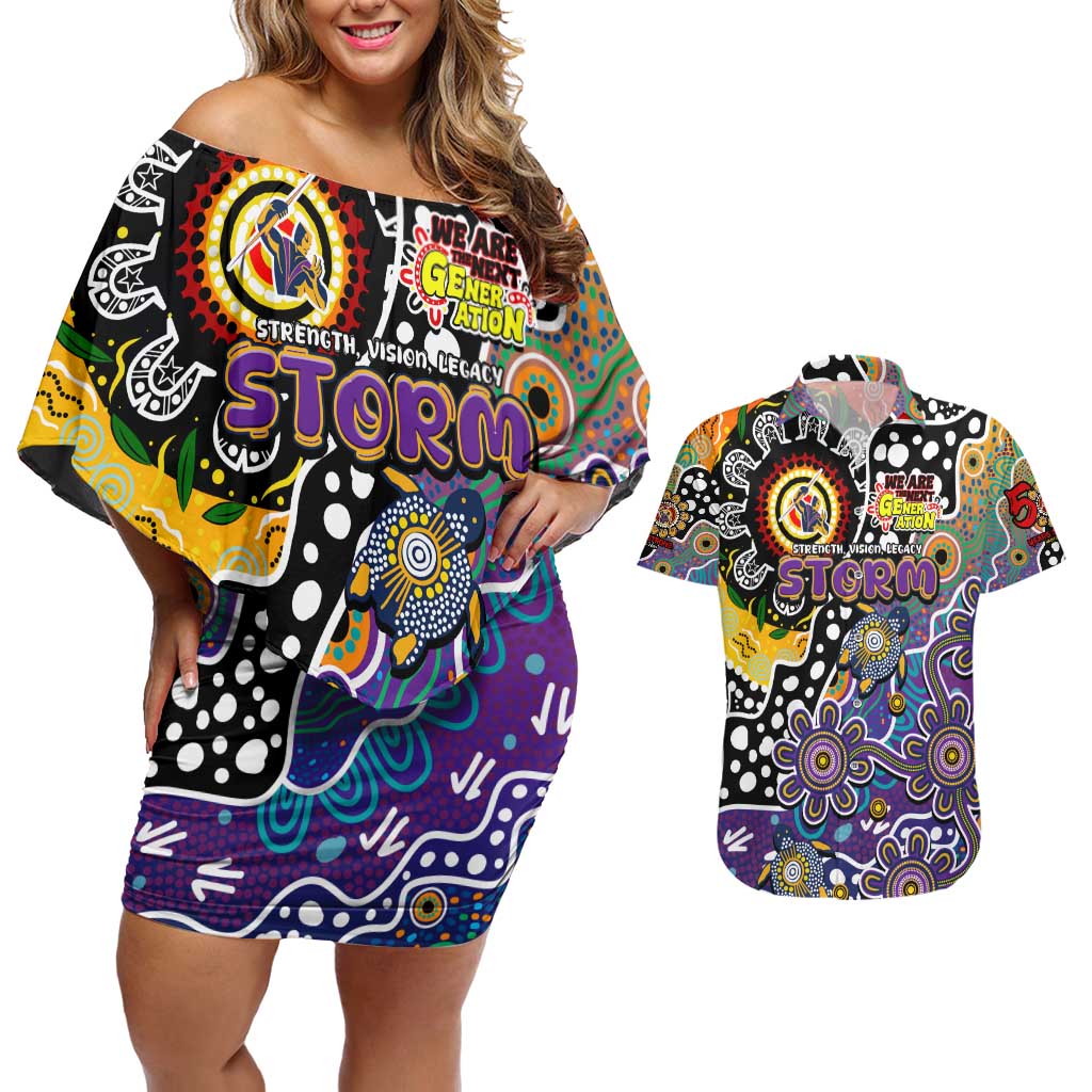 Personalised Storm NRL Celebrating 50 Years of Naidoc Couples Matching Off Shoulder Short Dress and Hawaiian Shirt NAIDOC Week 2025 Aboriginal