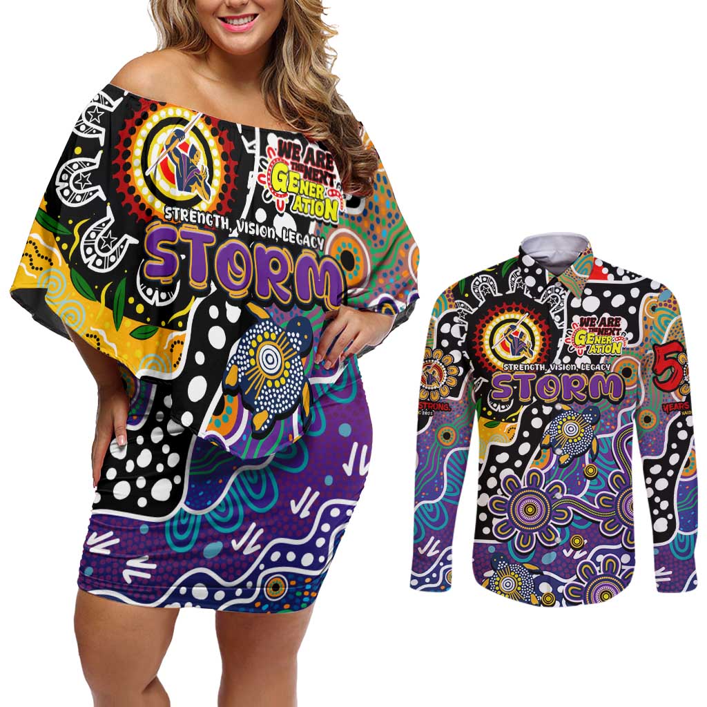 Personalised Storm NRL Celebrating 50 Years of Naidoc Couples Matching Off Shoulder Short Dress and Long Sleeve Button Shirt NAIDOC Week 2025 Aboriginal