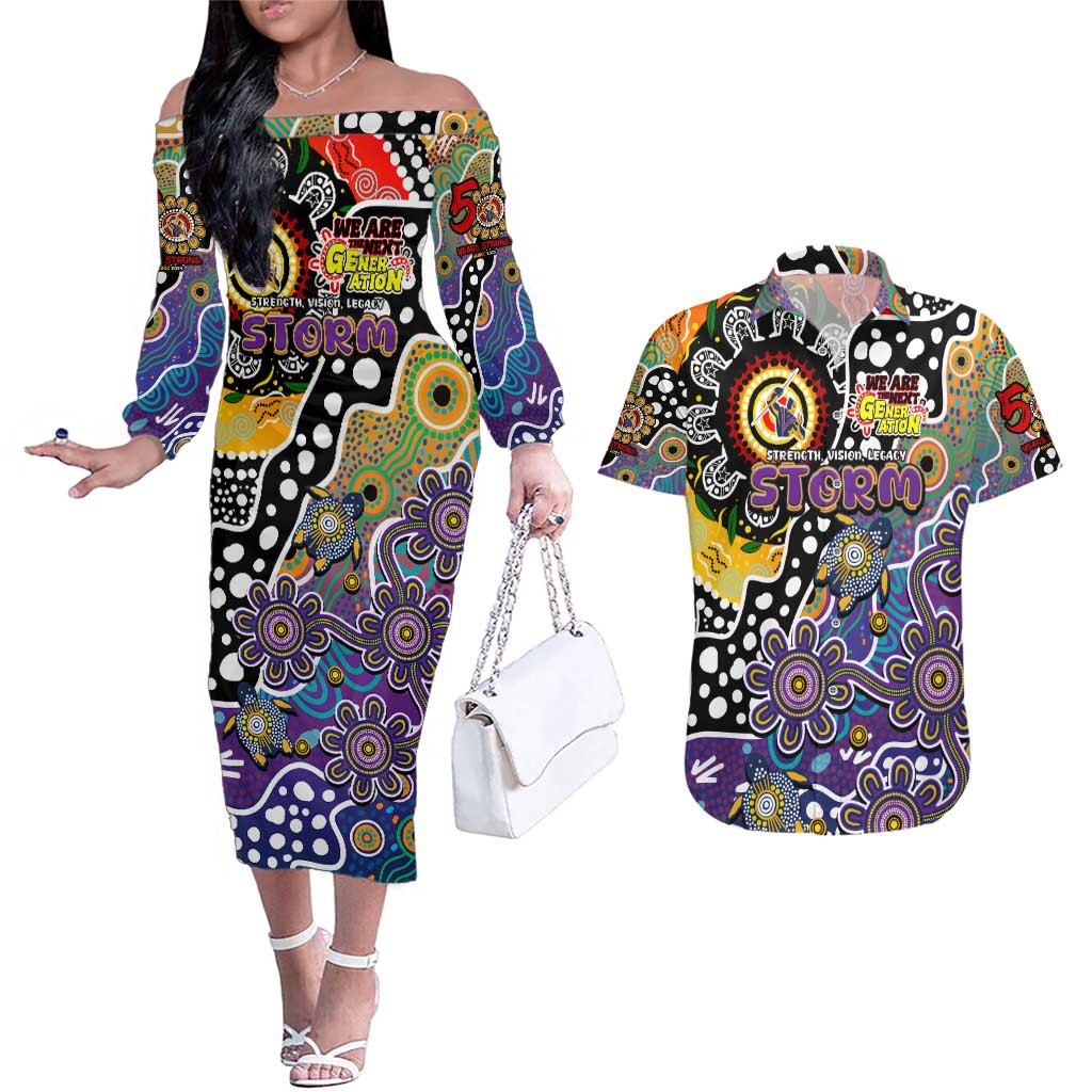 Personalised Storm NRL Celebrating 50 Years of Naidoc Couples Matching Off The Shoulder Long Sleeve Dress and Hawaiian Shirt NAIDOC Week 2025 Aboriginal