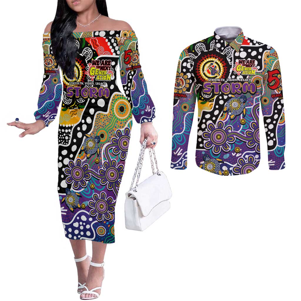 Personalised Storm NRL Celebrating 50 Years of Naidoc Couples Matching Off The Shoulder Long Sleeve Dress and Long Sleeve Button Shirt NAIDOC Week 2025 Aboriginal