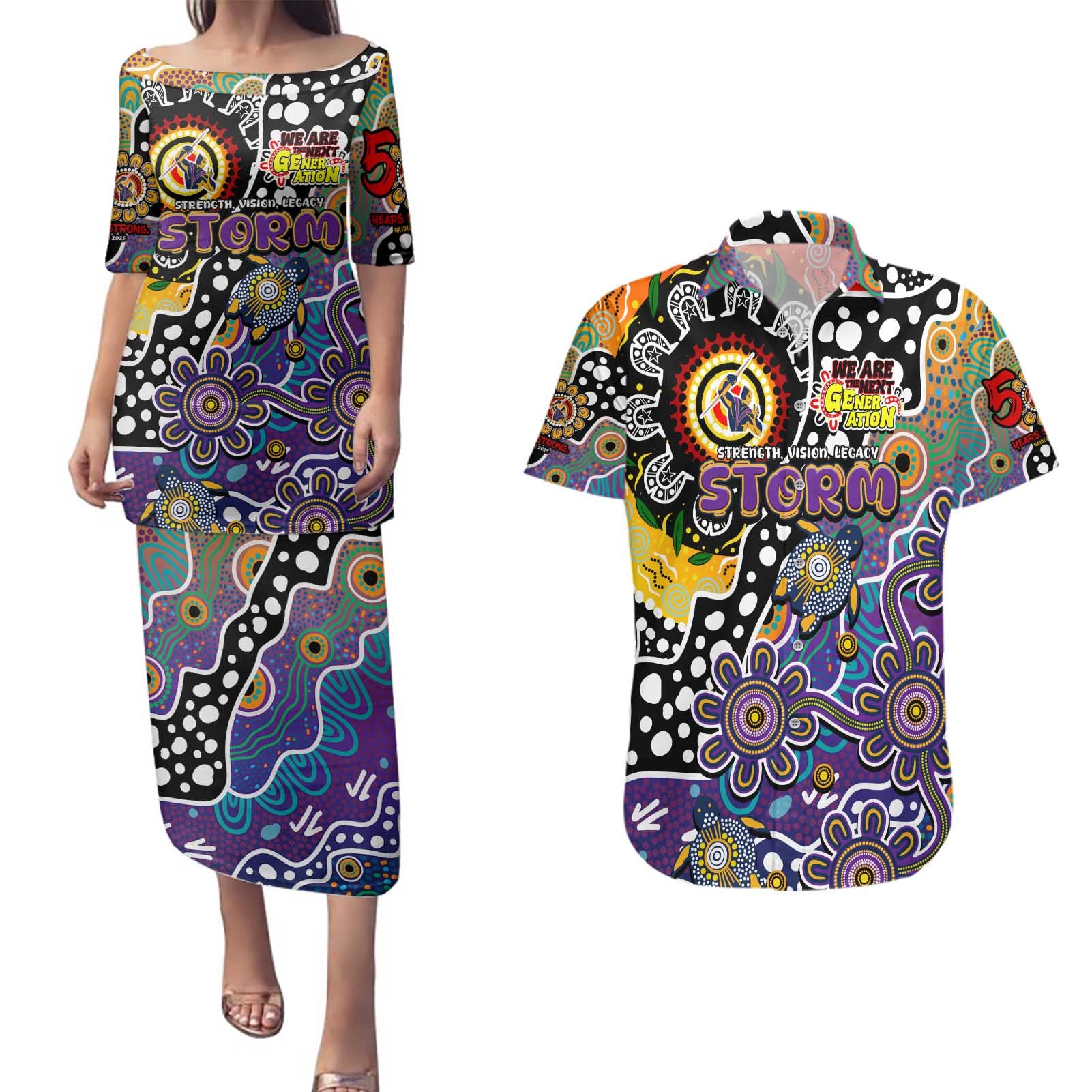 Personalised Storm NRL Celebrating 50 Years of Naidoc Couples Matching Puletasi and Hawaiian Shirt NAIDOC Week 2025 Aboriginal