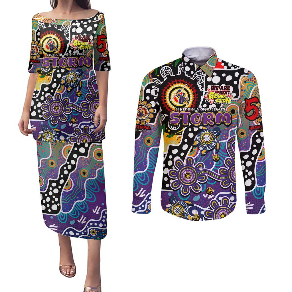 Personalised Storm NRL Celebrating 50 Years of Naidoc Couples Matching Puletasi and Long Sleeve Button Shirt NAIDOC Week 2025 Aboriginal