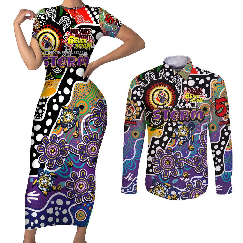 Personalised Storm NRL Celebrating 50 Years of Naidoc Couples Matching Short Sleeve Bodycon Dress and Long Sleeve Button Shirt NAIDOC Week 2025 Aboriginal