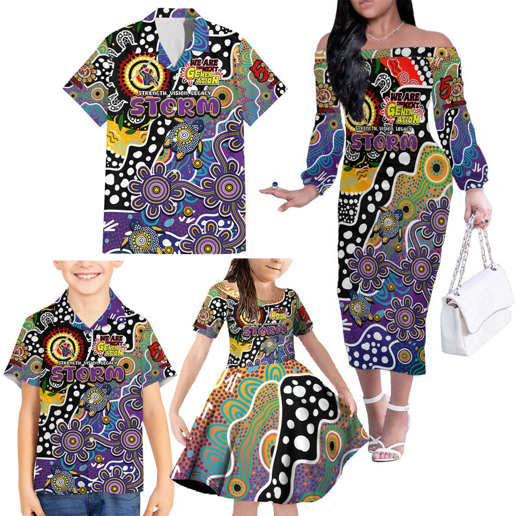 Personalised Storm NRL Celebrating 50 Years of Naidoc Family Matching Off The Shoulder Long Sleeve Dress and Hawaiian Shirt NAIDOC Week 2025 Aboriginal