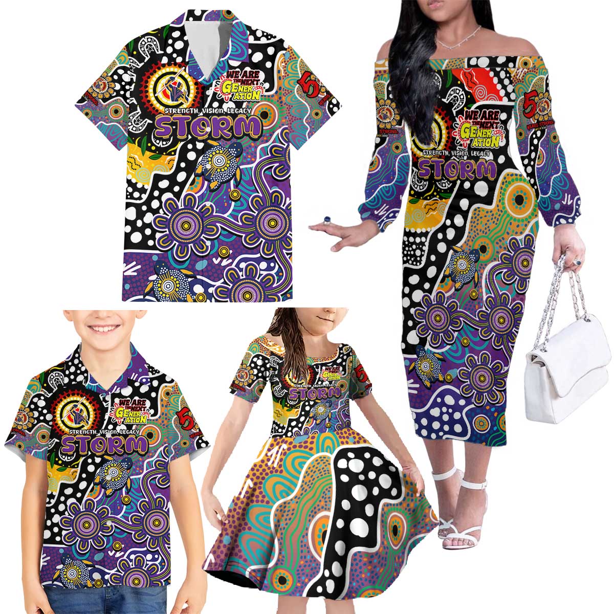 Personalised Storm NRL Celebrating 50 Years of Naidoc Family Matching Off The Shoulder Long Sleeve Dress and Hawaiian Shirt NAIDOC Week 2025 Aboriginal