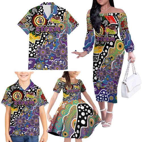 Personalised Storm NRL Celebrating 50 Years of Naidoc Family Matching Off The Shoulder Long Sleeve Dress and Hawaiian Shirt NAIDOC Week 2025 Aboriginal