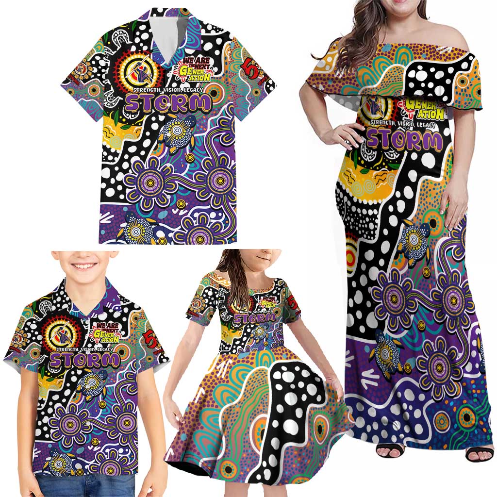 Personalised Storm NRL Celebrating 50 Years of Naidoc Family Matching Off Shoulder Maxi Dress and Hawaiian Shirt NAIDOC Week 2025 Aboriginal
