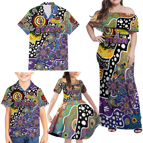 Personalised Storm NRL Celebrating 50 Years of Naidoc Family Matching Off Shoulder Maxi Dress and Hawaiian Shirt NAIDOC Week 2025 Aboriginal