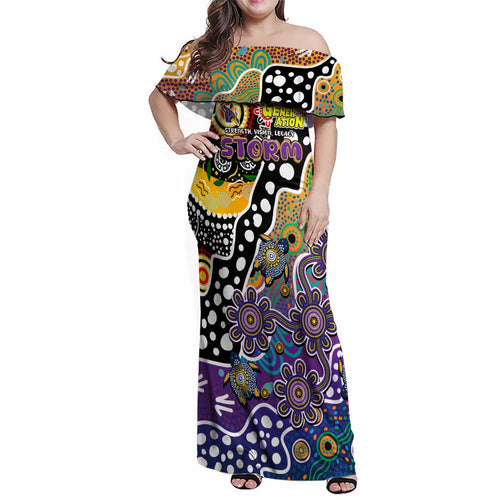Personalised Storm NRL Celebrating 50 Years of Naidoc Family Matching Off Shoulder Maxi Dress and Hawaiian Shirt NAIDOC Week 2025 Aboriginal