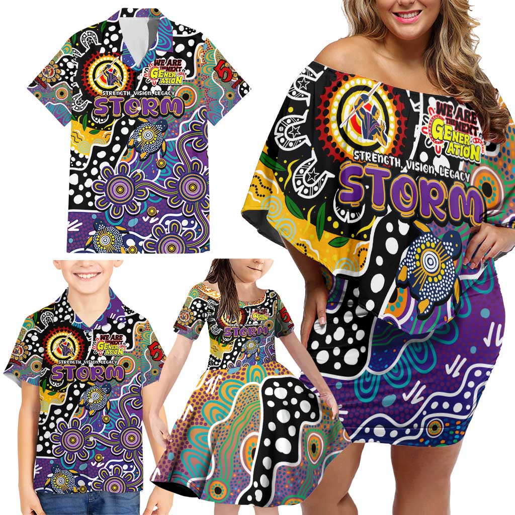 Personalised Storm NRL Celebrating 50 Years of Naidoc Family Matching Off Shoulder Short Dress and Hawaiian Shirt NAIDOC Week 2025 Aboriginal