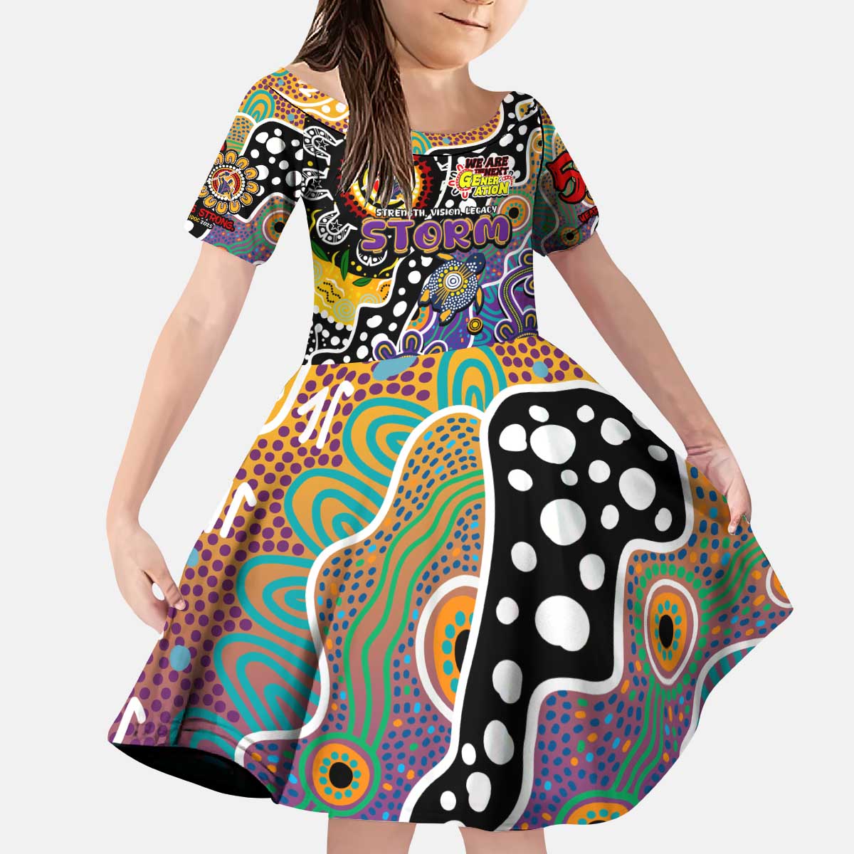 Personalised Storm NRL Celebrating 50 Years of Naidoc Kid Short Sleeve Dress NAIDOC Week 2025 Aboriginal