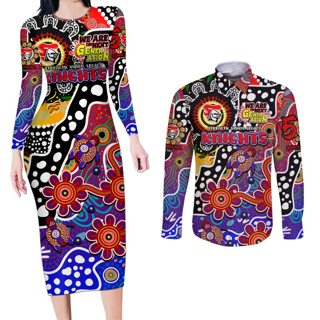 Personalised Knights NRL Celebrating 50 Years of Naidoc Couples Matching Long Sleeve Bodycon Dress and Long Sleeve Button Shirt NAIDOC Week 2025 Aboriginal