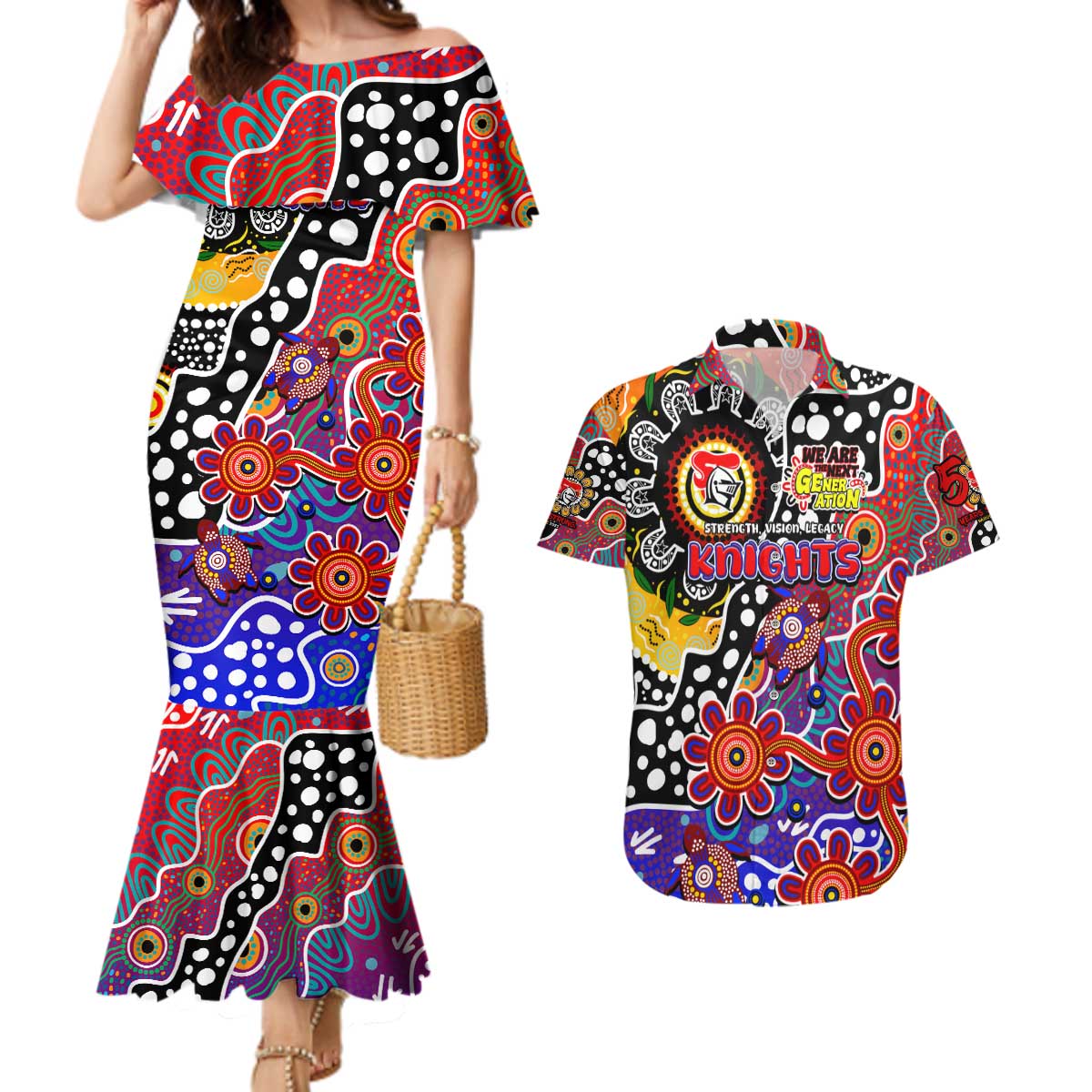 Personalised Knights NRL Celebrating 50 Years of Naidoc Couples Matching Mermaid Dress and Hawaiian Shirt NAIDOC Week 2025 Aboriginal