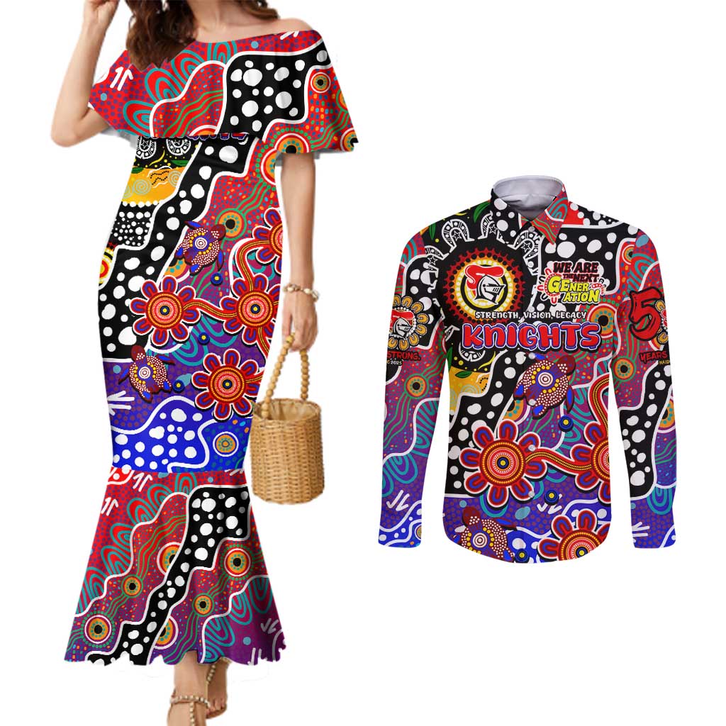 Personalised Knights NRL Celebrating 50 Years of Naidoc Couples Matching Mermaid Dress and Long Sleeve Button Shirt NAIDOC Week 2025 Aboriginal