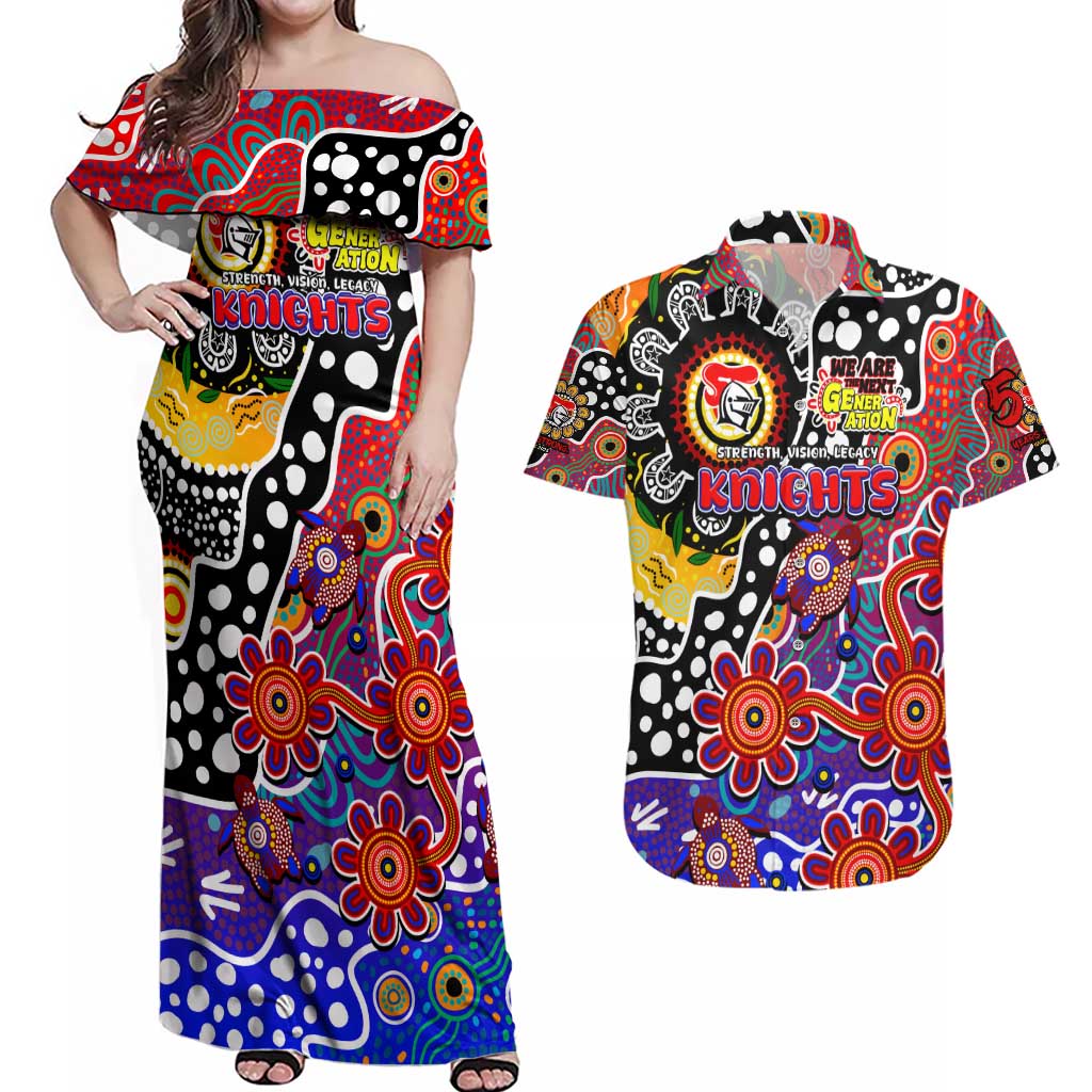 Personalised Knights NRL Celebrating 50 Years of Naidoc Couples Matching Off Shoulder Maxi Dress and Hawaiian Shirt NAIDOC Week 2025 Aboriginal