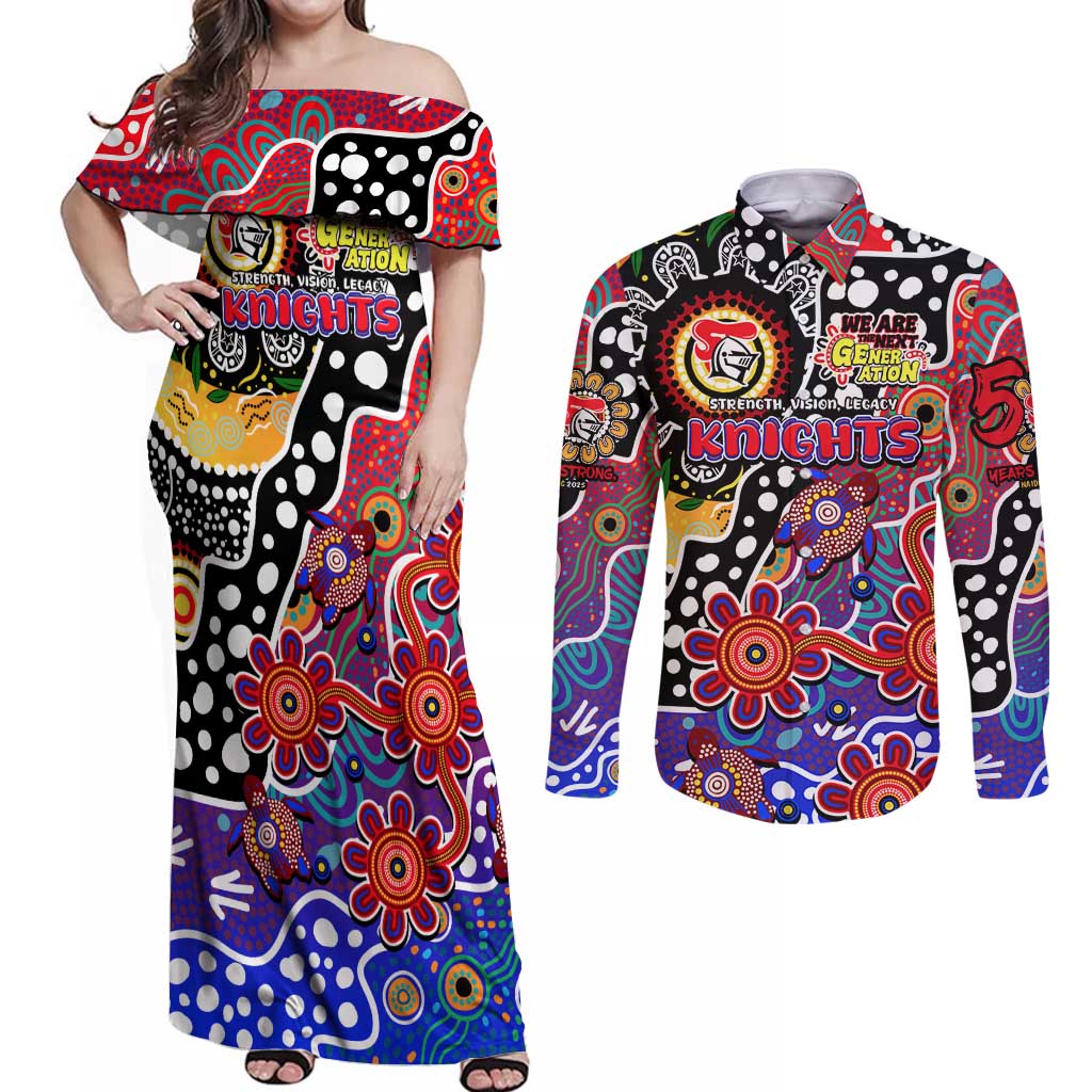 Personalised Knights NRL Celebrating 50 Years of Naidoc Couples Matching Off Shoulder Maxi Dress and Long Sleeve Button Shirt NAIDOC Week 2025 Aboriginal
