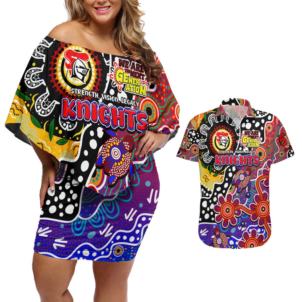 Personalised Knights NRL Celebrating 50 Years of Naidoc Couples Matching Off Shoulder Short Dress and Hawaiian Shirt NAIDOC Week 2025 Aboriginal