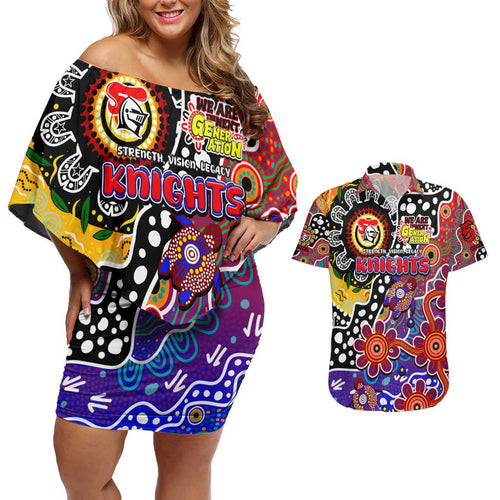 Personalised Knights NRL Celebrating 50 Years of Naidoc Couples Matching Off Shoulder Short Dress and Hawaiian Shirt NAIDOC Week 2025 Aboriginal