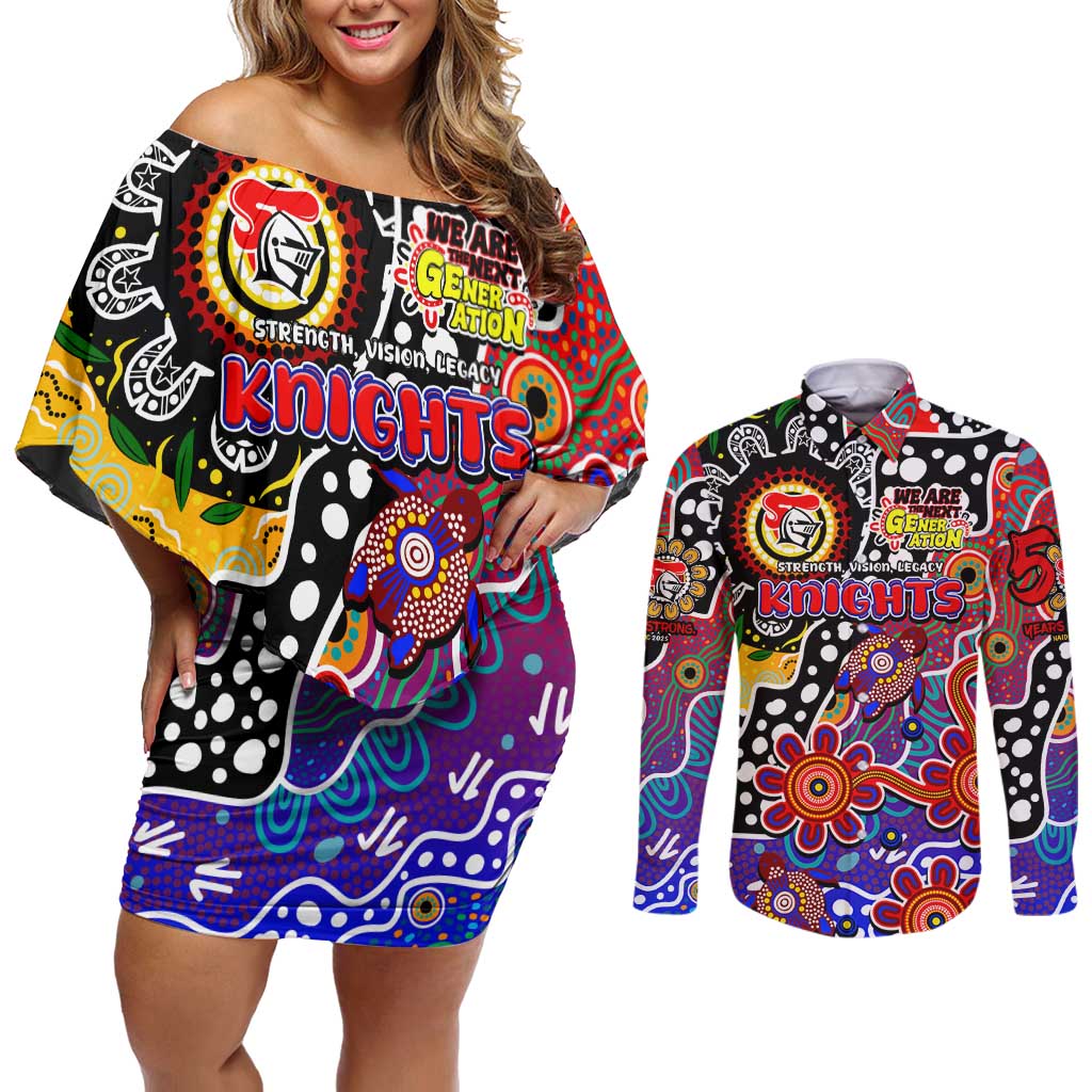 Personalised Knights NRL Celebrating 50 Years of Naidoc Couples Matching Off Shoulder Short Dress and Long Sleeve Button Shirt NAIDOC Week 2025 Aboriginal