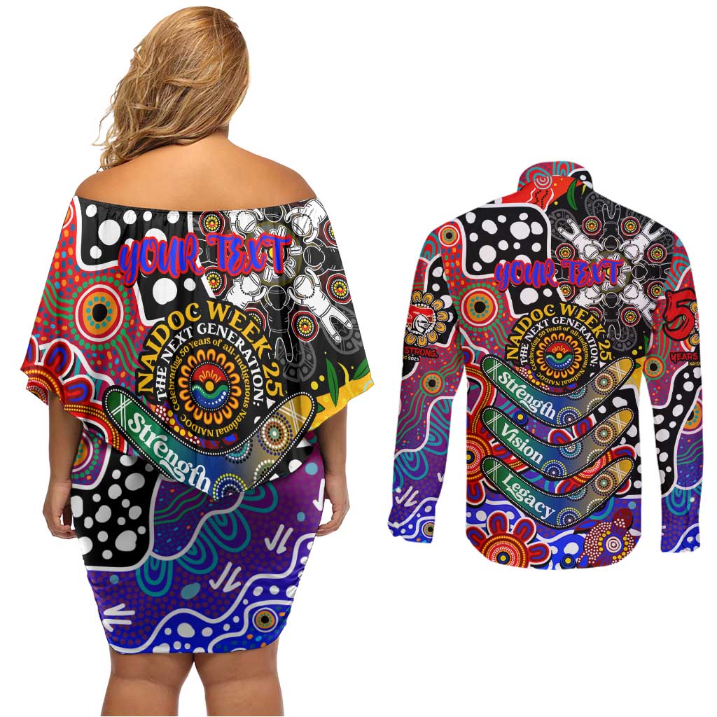 Personalised Knights NRL Celebrating 50 Years of Naidoc Couples Matching Off Shoulder Short Dress and Long Sleeve Button Shirt NAIDOC Week 2025 Aboriginal
