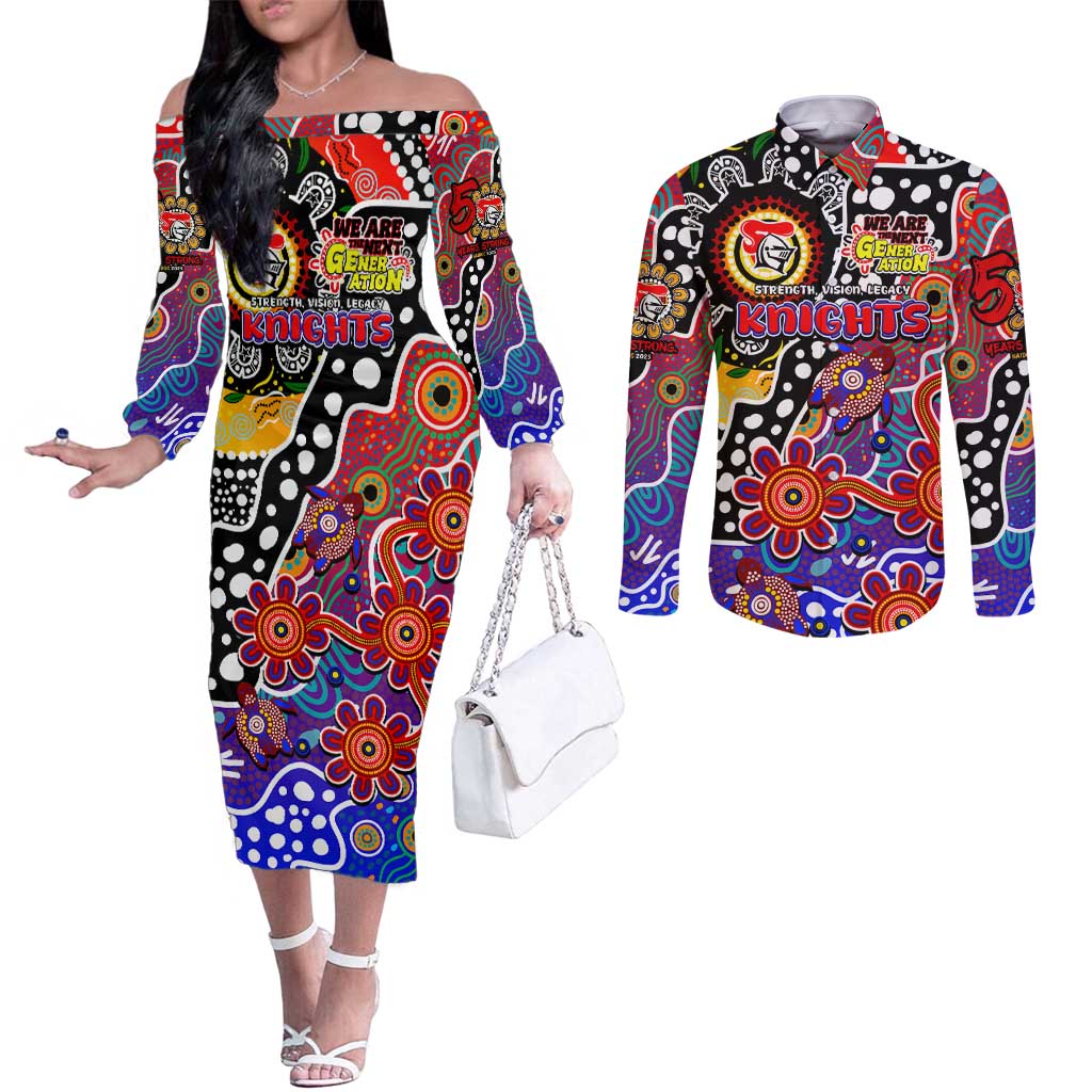 Personalised Knights NRL Celebrating 50 Years of Naidoc Couples Matching Off The Shoulder Long Sleeve Dress and Long Sleeve Button Shirt NAIDOC Week 2025 Aboriginal