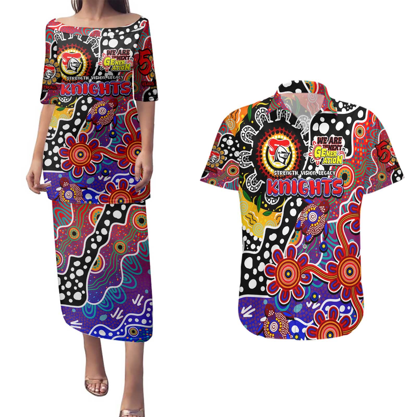 Personalised Knights NRL Celebrating 50 Years of Naidoc Couples Matching Puletasi and Hawaiian Shirt NAIDOC Week 2025 Aboriginal