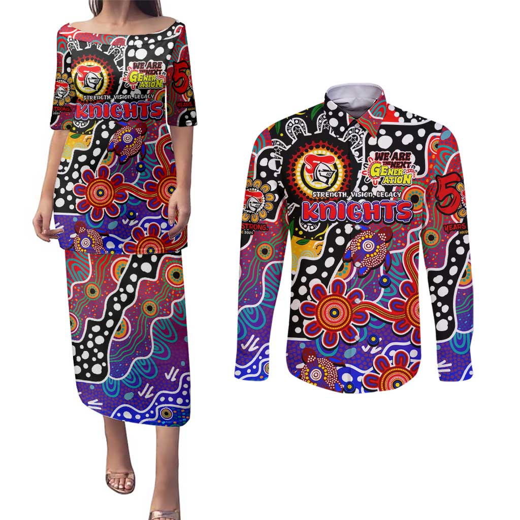 Personalised Knights NRL Celebrating 50 Years of Naidoc Couples Matching Puletasi and Long Sleeve Button Shirt NAIDOC Week 2025 Aboriginal