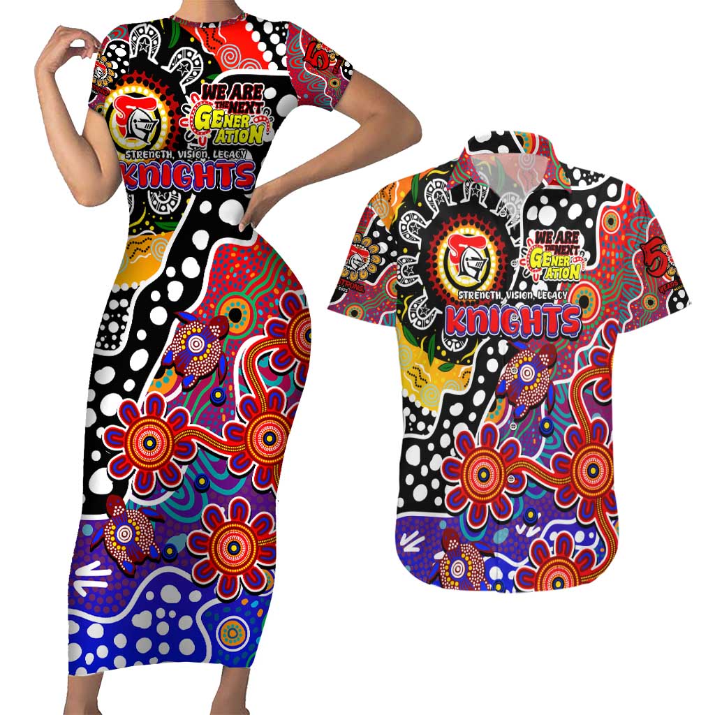 Personalised Knights NRL Celebrating 50 Years of Naidoc Couples Matching Short Sleeve Bodycon Dress and Hawaiian Shirt NAIDOC Week 2025 Aboriginal
