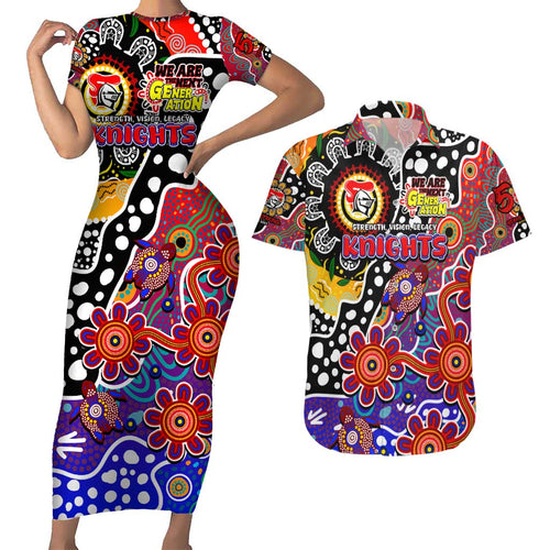 Personalised Knights NRL Celebrating 50 Years of Naidoc Couples Matching Short Sleeve Bodycon Dress and Hawaiian Shirt NAIDOC Week 2025 Aboriginal