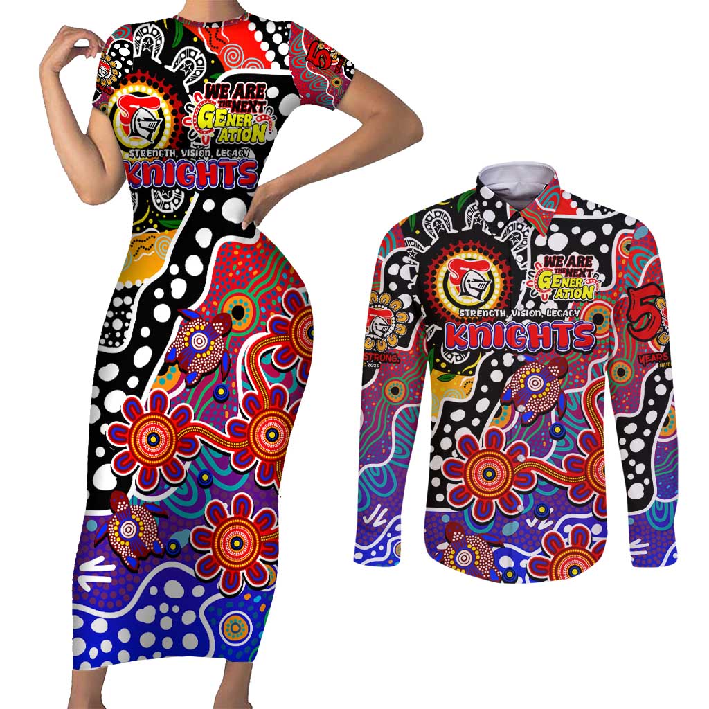 Personalised Knights NRL Celebrating 50 Years of Naidoc Couples Matching Short Sleeve Bodycon Dress and Long Sleeve Button Shirt NAIDOC Week 2025 Aboriginal