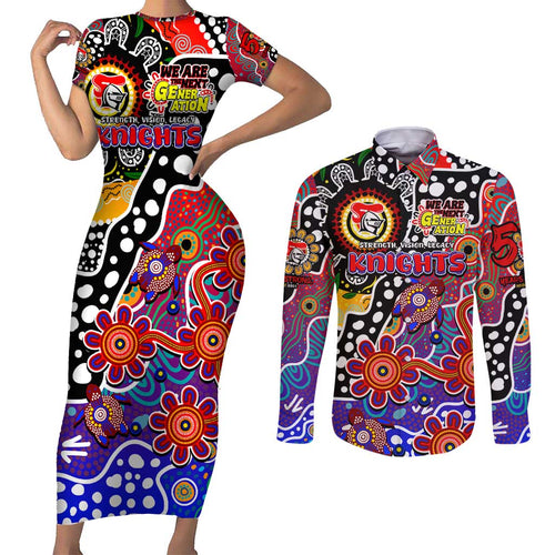 Personalised Knights NRL Celebrating 50 Years of Naidoc Couples Matching Short Sleeve Bodycon Dress and Long Sleeve Button Shirt NAIDOC Week 2025 Aboriginal