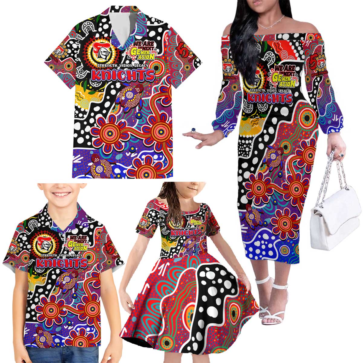 Personalised Knights NRL Celebrating 50 Years of Naidoc Family Matching Off The Shoulder Long Sleeve Dress and Hawaiian Shirt NAIDOC Week 2025 Aboriginal