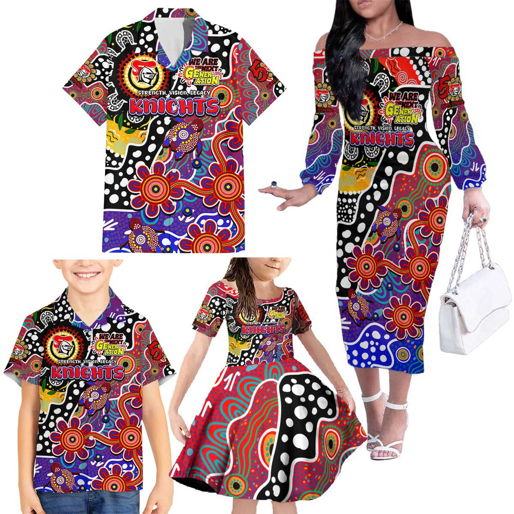 Personalised Knights NRL Celebrating 50 Years of Naidoc Family Matching Off The Shoulder Long Sleeve Dress and Hawaiian Shirt NAIDOC Week 2025 Aboriginal