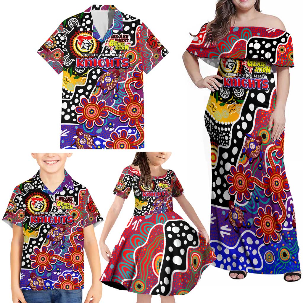 Personalised Knights NRL Celebrating 50 Years of Naidoc Family Matching Off Shoulder Maxi Dress and Hawaiian Shirt NAIDOC Week 2025 Aboriginal
