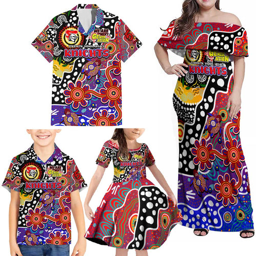 Personalised Knights NRL Celebrating 50 Years of Naidoc Family Matching Off Shoulder Maxi Dress and Hawaiian Shirt NAIDOC Week 2025 Aboriginal