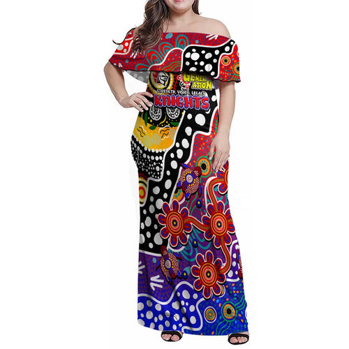Personalised Knights NRL Celebrating 50 Years of Naidoc Family Matching Off Shoulder Maxi Dress and Hawaiian Shirt NAIDOC Week 2025 Aboriginal