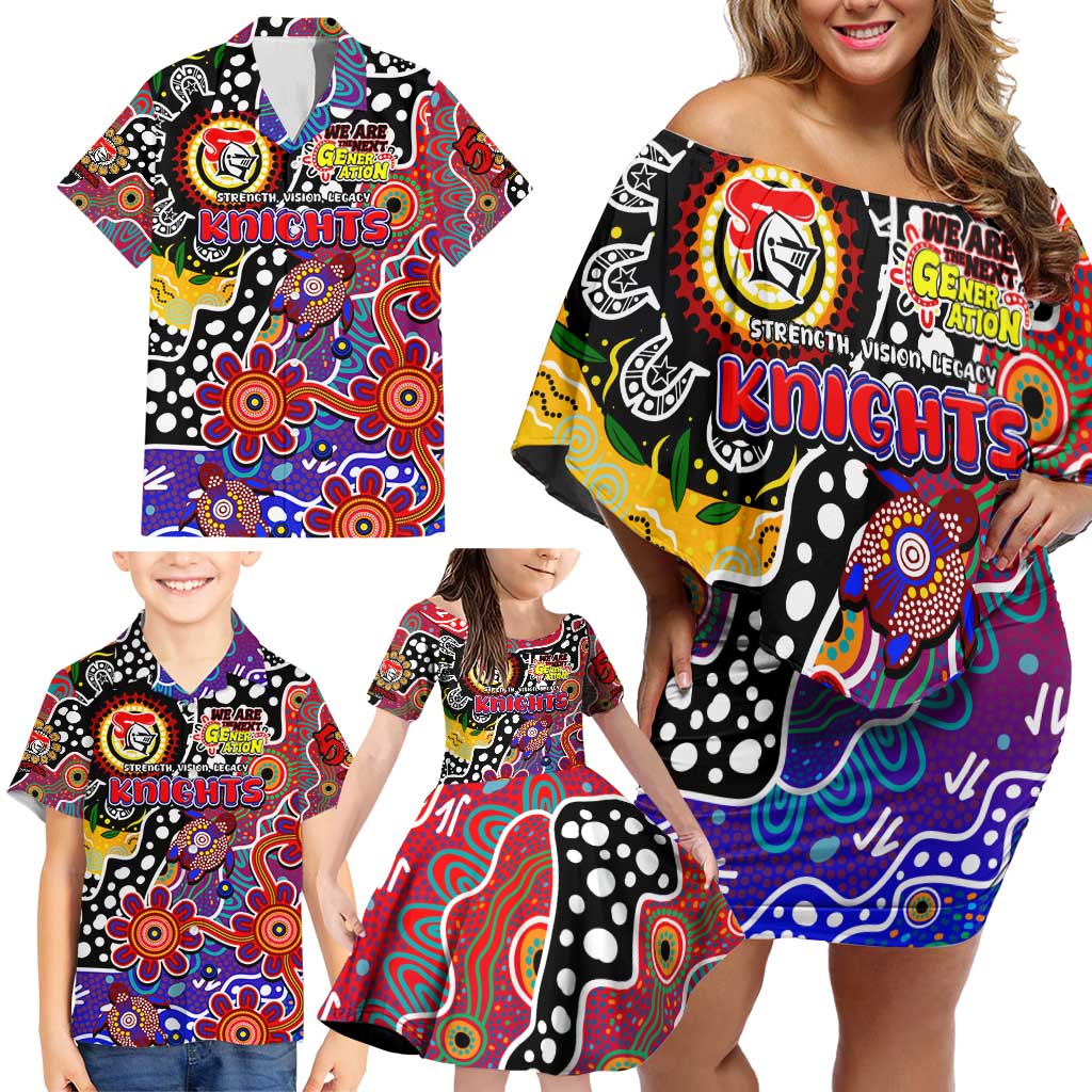 Personalised Knights NRL Celebrating 50 Years of Naidoc Family Matching Off Shoulder Short Dress and Hawaiian Shirt NAIDOC Week 2025 Aboriginal