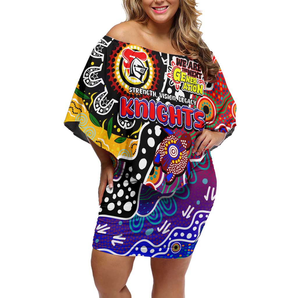 Personalised Knights NRL Celebrating 50 Years of Naidoc Family Matching Off Shoulder Short Dress and Hawaiian Shirt NAIDOC Week 2025 Aboriginal