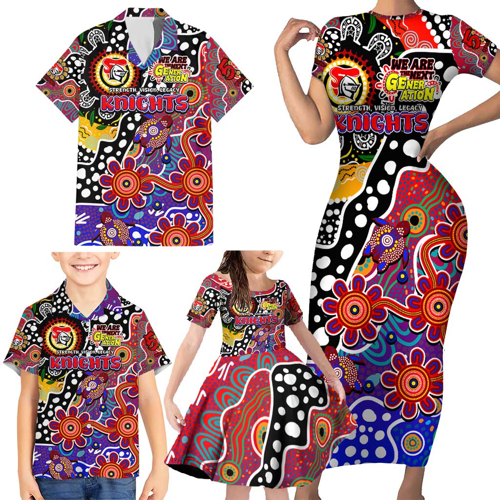 Personalised Knights NRL Celebrating 50 Years of Naidoc Family Matching Short Sleeve Bodycon Dress and Hawaiian Shirt NAIDOC Week 2025 Aboriginal