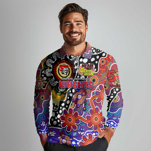 Personalised Knights NRL Celebrating 50 Years of Naidoc Long Sleeve Polo Shirt NAIDOC Week 2025 Aboriginal