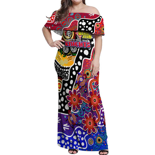 Personalised Knights NRL Celebrating 50 Years of Naidoc Off Shoulder Maxi Dress NAIDOC Week 2025 Aboriginal