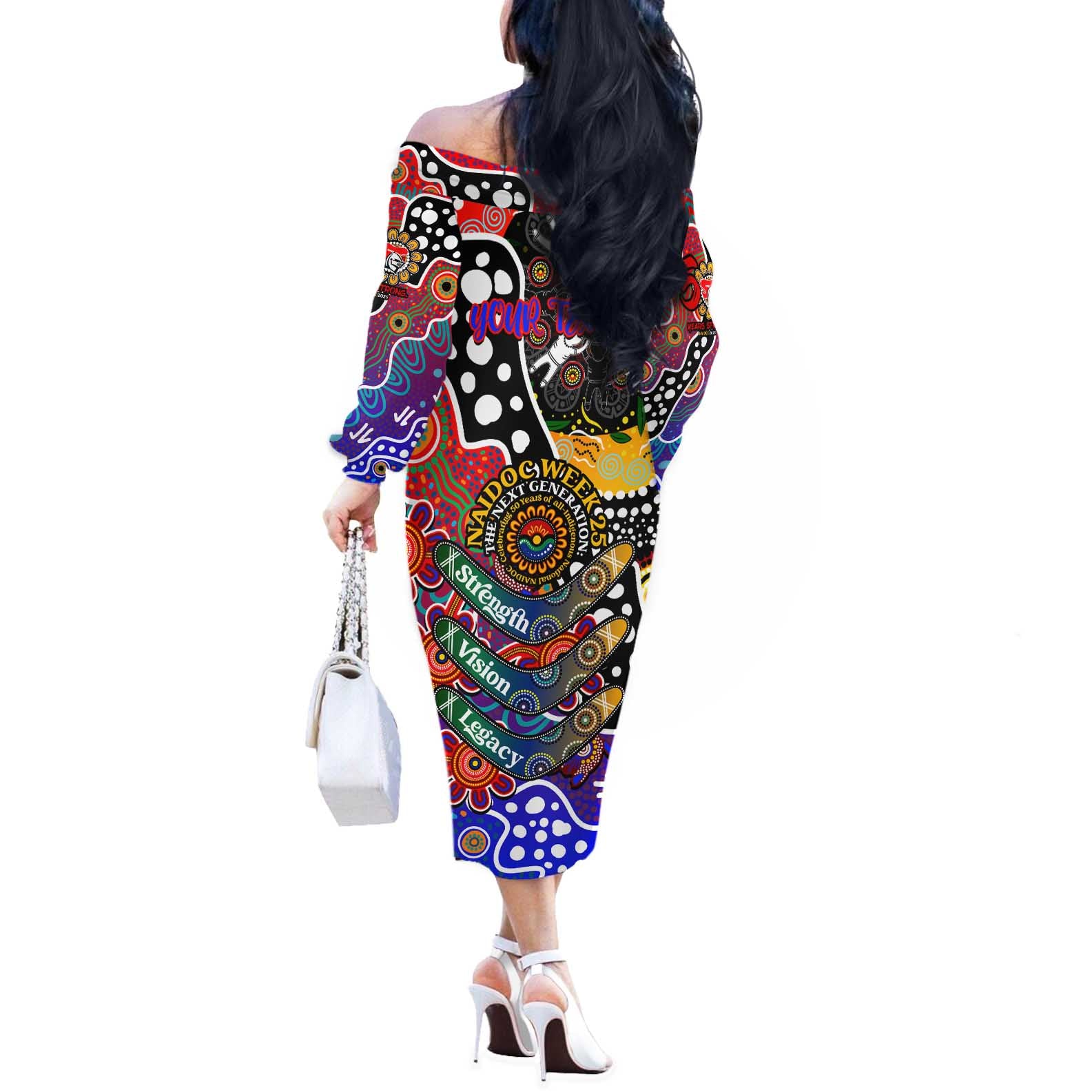 Personalised Knights NRL Celebrating 50 Years of Naidoc Off The Shoulder Long Sleeve Dress NAIDOC Week 2025 Aboriginal