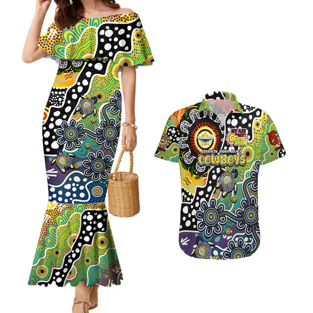 Personalised Cowboys NRL Celebrating 50 Years of Naidoc Couples Matching Mermaid Dress and Hawaiian Shirt NAIDOC Week 2025 Aboriginal