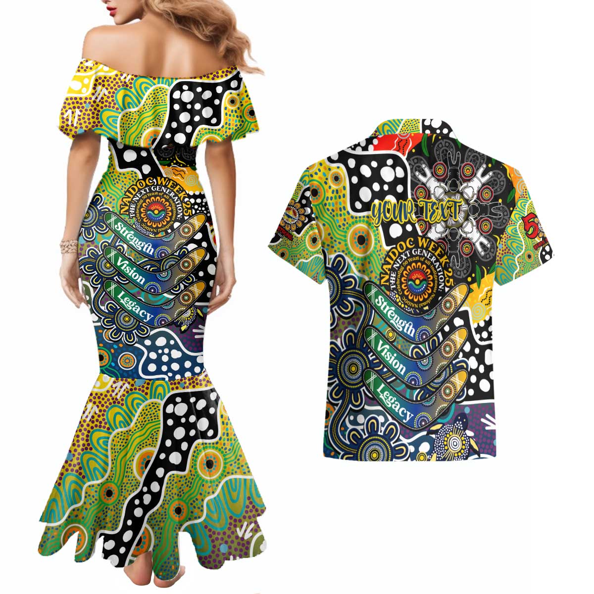 Personalised Cowboys NRL Celebrating 50 Years of Naidoc Couples Matching Mermaid Dress and Hawaiian Shirt NAIDOC Week 2025 Aboriginal